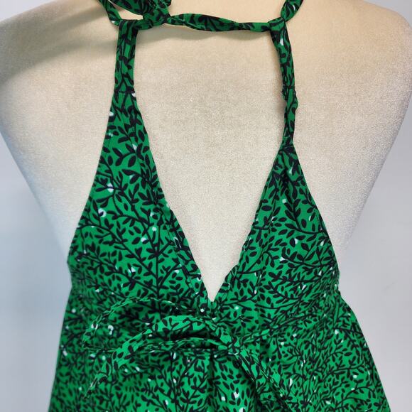 Bombchel V-Neck Asymmetric Hem Halter Dress Green Floral 100% Cotton OS M/L - Picture 9 of 15